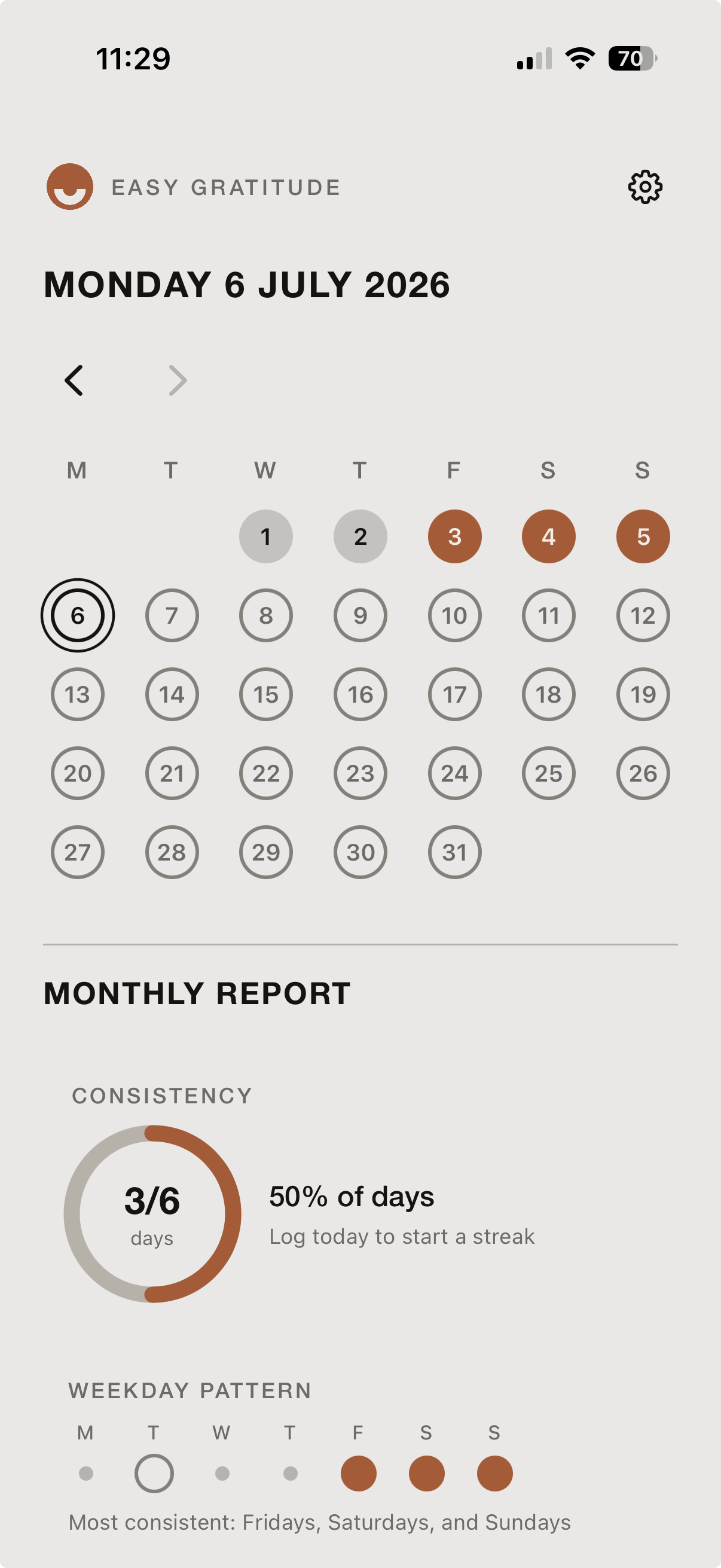 The Easy Gratitude calendar, showing a week of completed days and the start of the Monthly Report