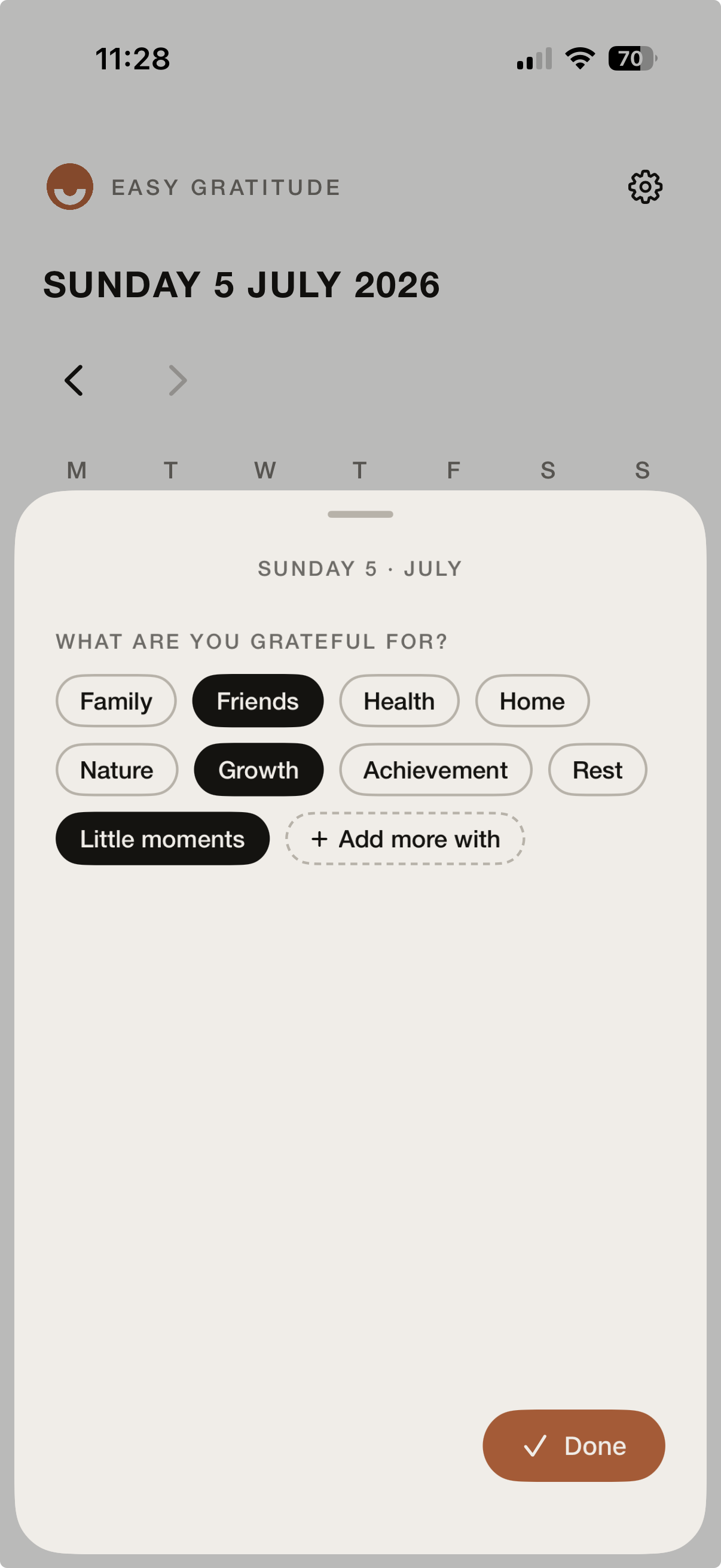 Logging a day's gratitude, picking from chips, with a Pro-locked option to add more