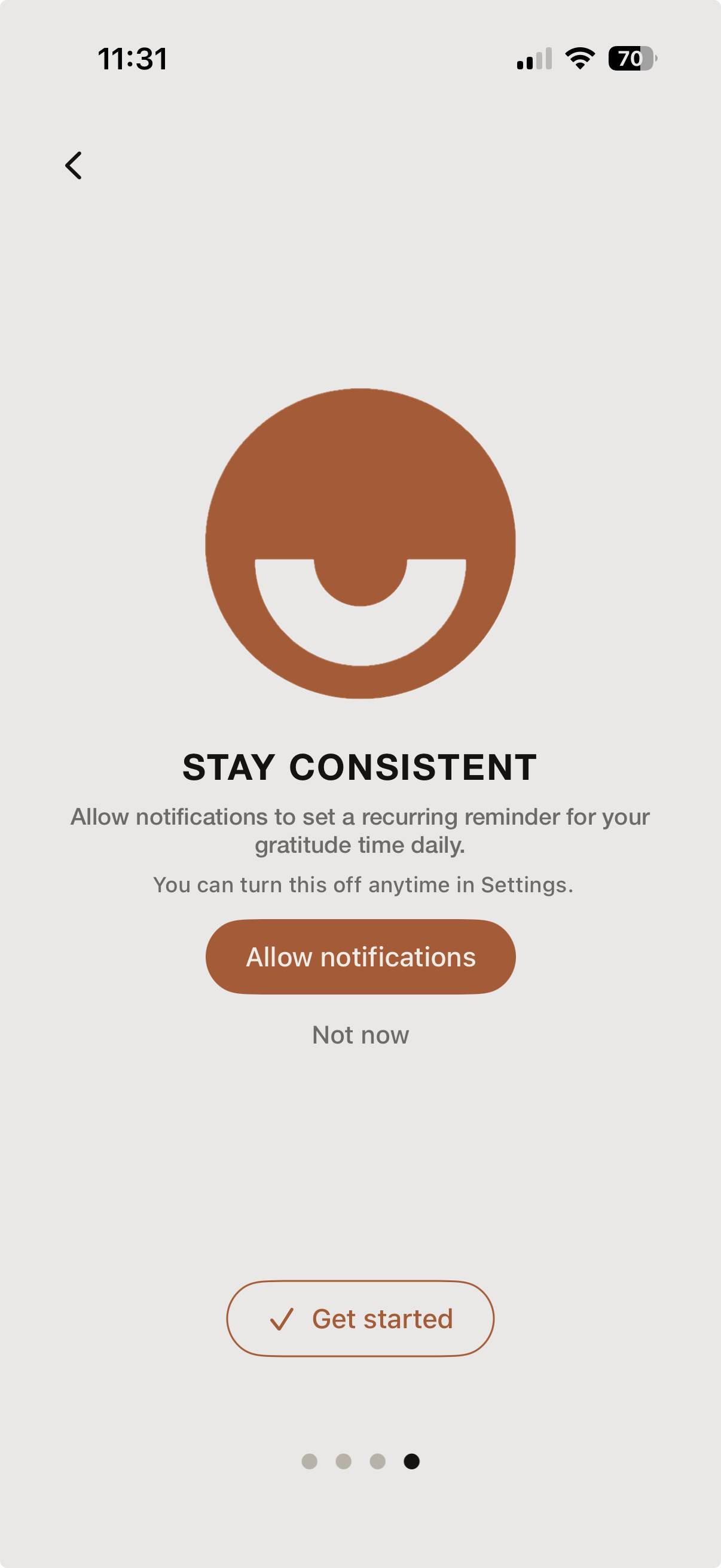 The onboarding flow's notification permission screen, with Allow, Not now, and Get started